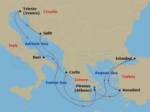 9 Night - Mediterranean - MSC Seaview - Starting in Piraeus (Athens), Greece, Kusadasi, Turkey, Istanbul, Turkey, Corfu, Greece, Bari, Italy, Trieste (Venice), Italy, Split, Croatia, Piraeus (Athens), Greece itinerary map