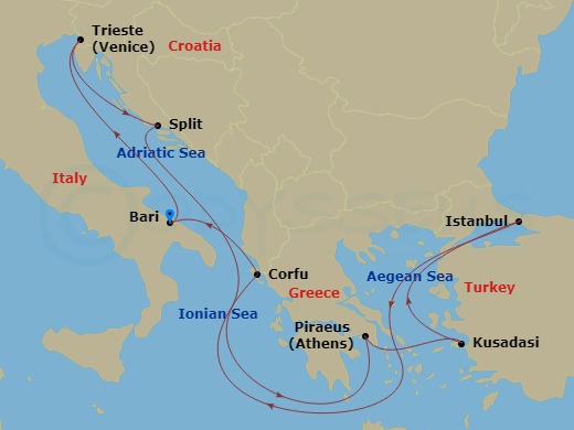 9 Night - Mediterranean - MSC Seaview - Starting in Bari, Italy, Trieste (Venice), Italy, Split, Croatia, Piraeus (Athens), Greece, Kusadasi, Turkey, Istanbul, Turkey, Corfu, Greece, Bari, Italy itinerary map