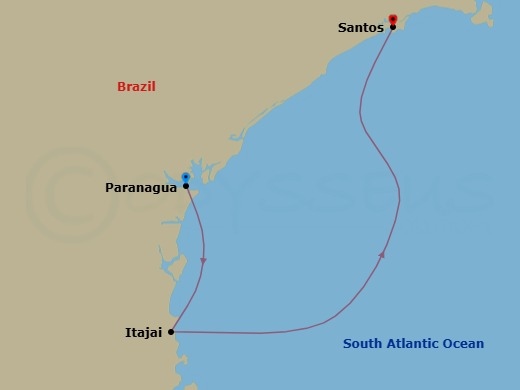 2 Night - South America - MSC Musica - Starting in Paranagua, Brazil, Itajai, Brazil, Santos (Sao Paulo), Brazil itinerary map