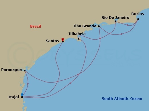 8 Night - South America - MSC Musica - Starting in Itajai, Brazil, Ilhabela, Brazil, Rio De Janeiro, Brazil, Buzios, Brazil, Ilha Grande, Brazil, Paranagua, Brazil, Itajai, Brazil, Santos (Sao Paulo), Brazil itinerary map