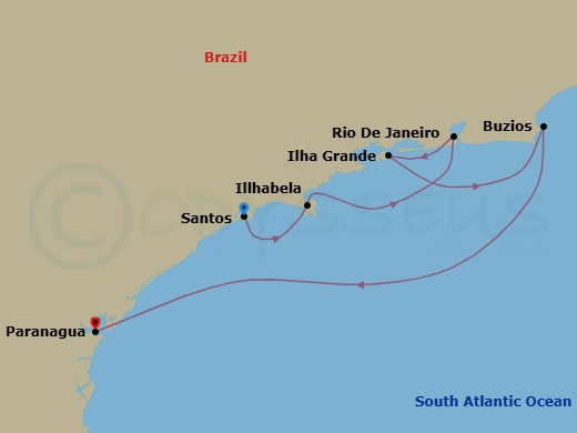6 Night - South America - MSC Musica - Starting in Santos (Sao Paulo), Brazil, Ilhabela, Brazil, Rio De Janeiro, Brazil, Ilha Grande, Brazil, Buzios, Brazil, Paranagua, Brazil itinerary map