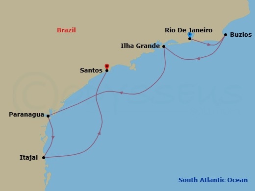 6 Night - South America - MSC Musica - Starting in Rio De Janeiro, Brazil, Buzios, Brazil, Ilha Grande, Brazil, Paranagua, Brazil, Itajai, Brazil, Santos (Sao Paulo), Brazil itinerary map