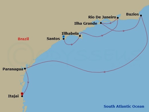 7 Night - South America - MSC Musica - Starting in Santos (Sao Paulo), Brazil, Ilhabela, Brazil, Rio De Janeiro, Brazil, Ilha Grande, Brazil, Buzios, Brazil, Paranagua, Brazil, Itajai, Brazil itinerary map