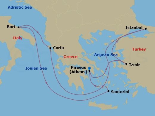 8 Night - Mediterranean - MSC Orchestra - Starting in Piraeus (Athens), Greece, Izmir (Ephesus), Turkey, Istanbul, Turkey, Corfu, Greece, Bari, Italy, Santorini, Greece, Piraeus (Athens), Greece itinerary map