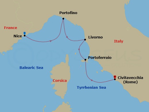 4 Night - Nice / Rome (Civitavecchia) - Evrima - Starting in Nice, Portofino, Livorno, Portoferraio, Elba, Rome (Civitavecchia) itinerary map