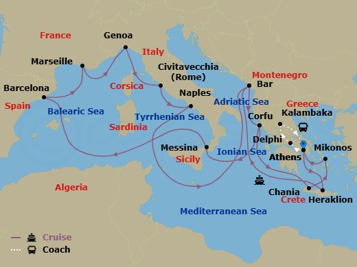 22 Night - Best of Greece - Tour 5D - Sun Princess Tours - Starting in Athens (Piraeus), Greece, Delphi, Greece, Kalambaka, Greece, Athens (Piraeus), Greece, Crete (Heraklion), Greece, Montenegro, Corfu, Greece, Sicily (Messina), Italy, Barcelona, Spain, Marseille (Provence), France, Genoa (for Cinque Terre), Italy, Civitavecchia (for Rome), Italy, Naples, Italy (for Capri and Pompeii), Montenegro, Corfu, Greece, Crete (Chania), Greece, Mykonos, Greece, Athens (Piraeus), Greece itinerary map