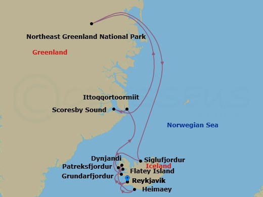14 Night - Exploring Scoresbysund & Northeast Greenland - Seabourn Pursuit - Starting in Reykjavik, Iceland, Grundarfjordur, Iceland, Dynjandi, Iceland, Patreksfjordur, Iceland, Ittoqqortoormiit, Greenland, Exploring Scoresbysund, Northeast Greenland National Park, Siglufjordur, Iceland, Flatey, Iceland, Outer Islands of Heimaey, Heimaey, Westman Islands, Iceland, Reykjavik, Iceland itinerary map