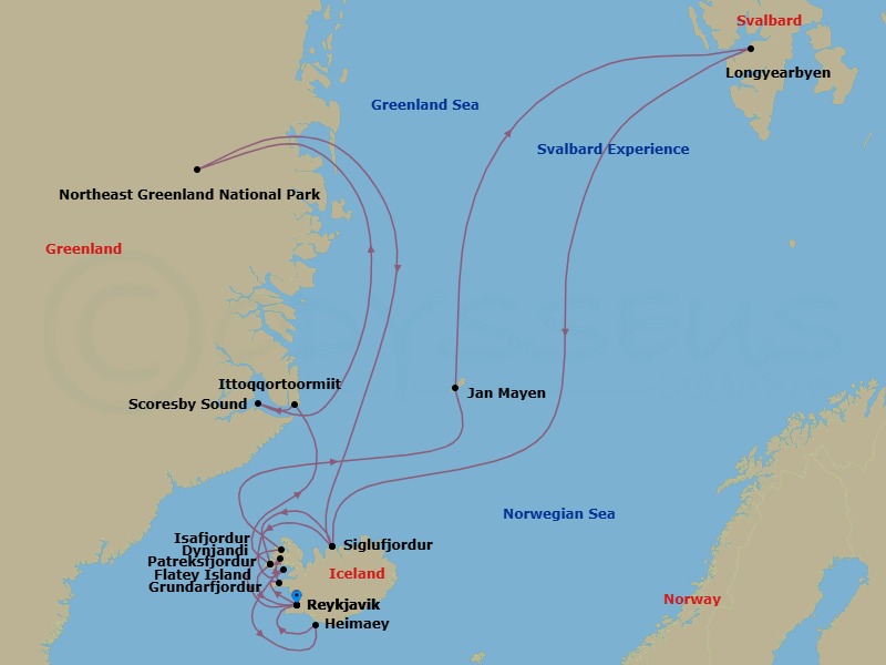 30 Night - Svalbard Expedition, Iceland & Northeast Greenland - Seabourn Pursuit - Starting in Reykjavik, Iceland, Isafjordur, Iceland, Jan Mayen Island, Norway, Longyearbyen, Norway, Svalbard, Siglufjordur, Iceland, Patreksfjordur, Iceland, Reykjavik, Iceland, Grundarfjordur, Iceland, Dynjandi, Iceland, Patreksfjordur, Iceland, Ittoqqortoormiit, Greenland, Exploring Scoresbysund, Northeast Greenland National Park, Siglufjordur, Iceland, Flatey, Iceland, Outer Islands of Heimaey, Heimaey, Westman Islands, Iceland, Reykjavik, Iceland itinerary map