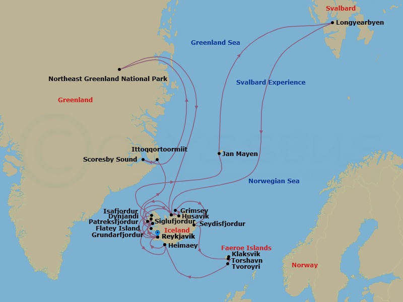 42 Night - Summer of Fire & Ice : Iceland, Svalbard & Greenland - Seabourn Pursuit - Starting in Reykjavik, Iceland, Flatey, Iceland, Siglufjordur, Iceland, Husavik, Iceland, Grimsey, Iceland, Seydisfjordur, Iceland, Torshavn, Faroe Islands, Klaksvik, Faroe Islands, Tvoroyri, Faroe Islands, Outer Islands of Heimaey, Heimaey, Westman Islands, Iceland, Reykjavik, Iceland, Isafjordur, Iceland, Jan Mayen Island, Norway, Longyearbyen, Norway, Svalbard, Siglufjordur, Iceland, Patreksfjordur, Iceland, Reykjavik, Iceland, Grundarfjordur, Iceland, Dynjandi, Iceland, Patreksfjordur, Iceland, Ittoqqortoormiit, Greenland, Exploring Scoresbysund, Northeast Greenland National Park, Siglufjordur, Iceland, Flatey, Iceland, Outer Islands of Heimaey, Heimaey, Westman Islands, Iceland, Reykjavik, Iceland itinerary map