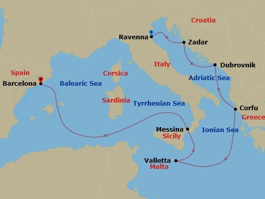 7 Night - Greece, Italy, Croatia & Malta - Mariner of the Seas - Starting in Ravenna, Italy, Zadar, Croatia, Dubrovnik, Croatia, Corfu, Greece, Valletta, Malta, Sicily (Messina), Italy, Barcelona, Spain itinerary map