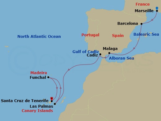 9 Night - Western Mediterranean from Marseille to Santa Cruz de Tenerife - Costa Smeralda - Starting in Marseille, Barcelona, Malaga, Cadiz, Las Palmas (Gran Canaria), Funchal (Madeira), Santa Cruz de Tenerife itinerary map