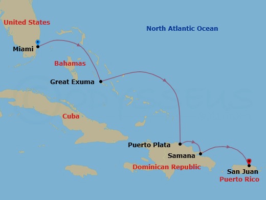 6 Night - Miami, Florida / San Juan - Ilma - Starting in Miami, Florida, Marina Day, Great Exuma, Puerto Plata, Dominican Republic, Samana, San Juan itinerary map