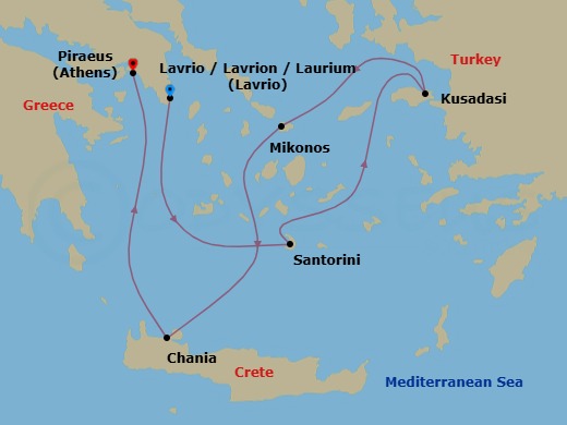5 Night - Athens (Lavrion) / Athens (Piraeus) - Evrima - Starting in Athens (Lavrion), Santorini, Kusadasi, Mykonos, Chania, Crete, Athens (Piraeus) itinerary map