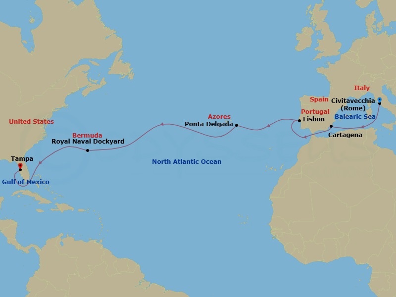 15 Night - Spain & Portugal Transatlantic - Brilliance of the Seas - Starting in Rome (Civitavecchia), Italy, Cartagena ES, Lisbon, Portugal, Ponta Delgada, Azores, Royal Naval Dockyard, Bermuda, Tampa, Florida itinerary map