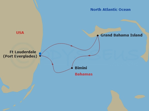 4 Night - Bahamas Getaway Cruise - Brilliance of the Seas - Starting in Fort Lauderdale, Florida, Grand Bahama Island, Bahamas, Bimini, Bahamas, Fort Lauderdale, Florida itinerary map