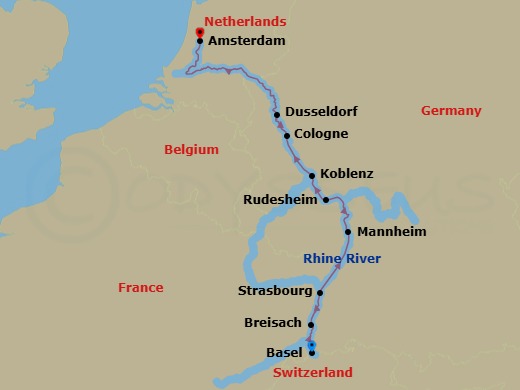 7 Night - Tulips & the Rhine - Emerald Destiny - Starting in Basel (Huningue), Breisach, Strasbourg, Mannheim, Koblenz, Cologne / Dusseldorf, Amsterdam itinerary map