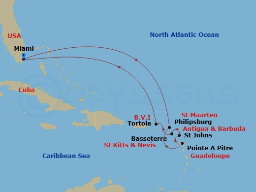 10 Night - Caribbean Zephyr - Seven Seas Prestige - Starting in Miami, Cruising the Caribbean Sea, Philipsburg, Pointe-a-Pitre, St Johns, Basseterre, Tortola, Cruising the Caribbean Sea, Miami itinerary map