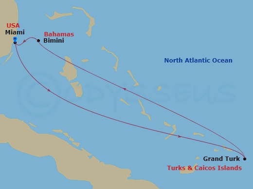5 Night - Grand Turk & Bimini Beach Club - Brilliant Lady - Starting in Miami, Florida, Grand Turk, Turks and Caicos, The Beach Club at Bimini, Bahamas, Miami, Florida itinerary map
