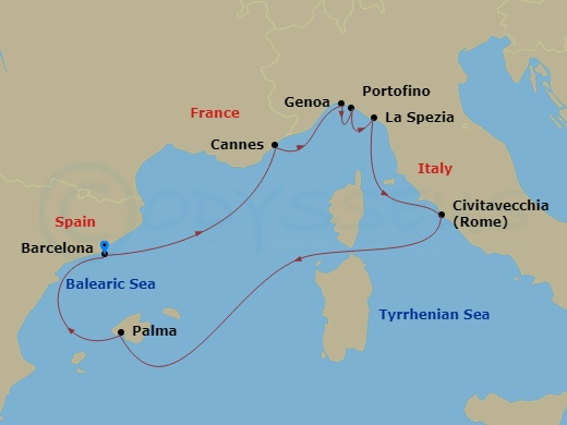 7 Night - Mediterranean - MSC Grandiosa - Starting in Barcelona, Spain, Cannes (Cote Dazur), France, Genoa (Portofino), Italy, La Spezia (Cinque Terre), Italy, Civitavecchia (Rome), Italy, Palma De Mallorca (Balearic Islands), Spain, Barcelona, Spain itinerary map