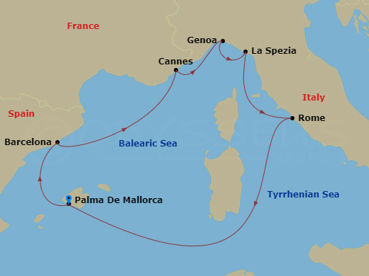 7 Night - Mediterranean - MSC Grandiosa - Starting in Palma De Mallorca (Balearic Islands), Spain, Barcelona, Spain, Cannes (Cote Dazur), France, Genoa (Portofino), Italy, La Spezia (Cinque Terre), Italy, Civitavecchia (Rome), Italy, Palma De Mallorca (Balearic Islands), Spain itinerary map
