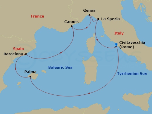 7 Night - Mediterranean - MSC Grandiosa - Starting in Civitavecchia (Rome), Italy, Palma De Mallorca (Balearic Islands), Spain, Barcelona, Spain, Cannes (Cote Dazur), France, Genoa (Portofino), Italy, La Spezia (Cinque Terre), Italy, Civitavecchia (Rome), Italy itinerary map