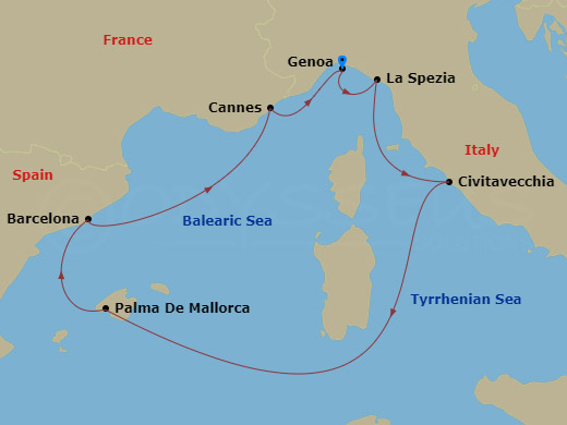 7 Night - Mediterranean - MSC Grandiosa - Starting in Genoa (Portofino), Italy, La Spezia (Cinque Terre), Italy, Civitavecchia (Rome), Italy, Palma De Mallorca (Balearic Islands), Spain, Barcelona, Spain, Cannes (Cote Dazur), France, Genoa (Portofino), Italy itinerary map