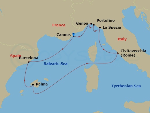 7 Night - Mediterranean - MSC Grandiosa - Starting in Cannes (Cote Dazur), France, Genoa (Portofino), Italy, La Spezia (Cinque Terre), Italy, Civitavecchia (Rome), Italy, Palma De Mallorca (Balearic Islands), Spain, Barcelona, Spain, Cannes (Cote Dazur), France itinerary map