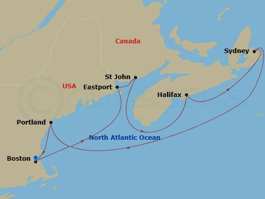 7 Night - Canada & New England Circle : New Brunswick - Zuiderdam - Starting in Boston, Massachusetts, Eastport, ME, Saint John NB, New Brunswick, Halifax, Nova Scotia, Canada, Sydney NS, Nova Scotia, Canada, Portland ME, Boston, Massachusetts itinerary map