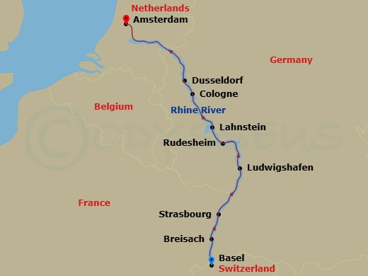 7 Night - Christmas Markets On the Rhine (Wine Cruise) - AmaCerto - Starting in Basel, Breisach, Strasbourg, Ludwigshafen, Rudesheim, Lahnstein, Cologne, Dusseldorf, Amsterdam itinerary map