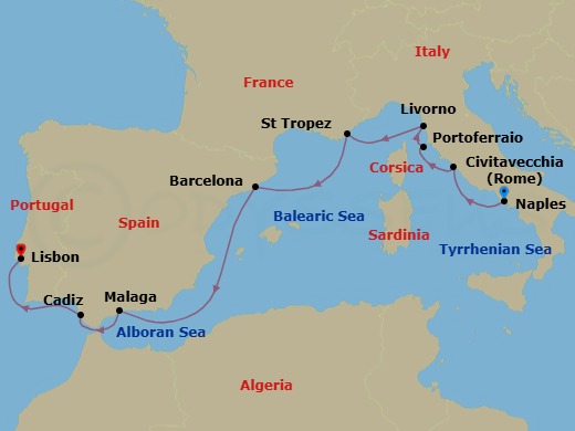 10 Night - Italian & Spanish Treasures - Oceania Allura - Starting in Naples / Pompeii, Rome (Civitavecchia), Portoferraio (Elba), Florence / Pisa / Tuscany (Livorno), Saint-Tropez, Barcelona, Malaga, Seville (Cadiz), Lisbon itinerary map