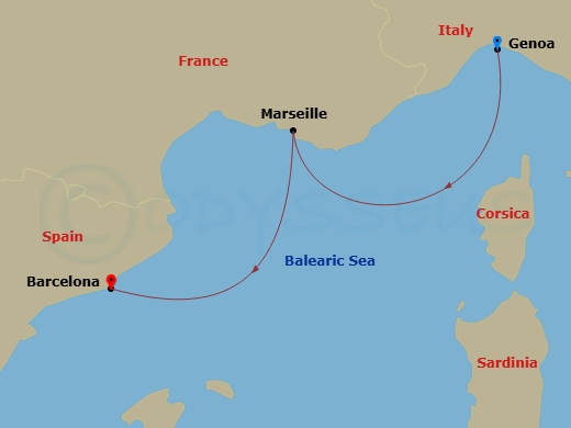 2 Night - Mediterranean - MSC Magnifica - Starting in Genoa (Portofino), Italy, Marseille (Provence), France, Barcelona, Spain itinerary map
