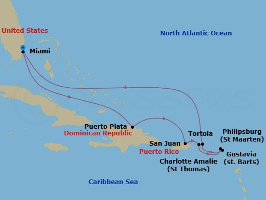 10 Night - A Coral Christmas - Seven Seas Prestige - Starting in Miami, Cruising Bahamian Waters, Puerto Plata, Dominican Republic, San Juan, Charlotte Amalie, Philipsburg, Gustavia, Tortola, Cruising the Atlantic Ocean, Cruising Bahamian Waters, Miami itinerary map