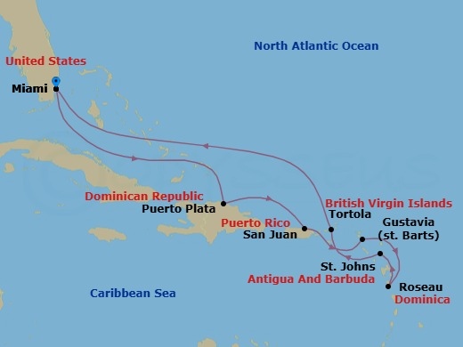10 Night - The Azure Wild - Seven Seas Prestige - Starting in Miami, Cruising Bahamian Waters, Puerto Plata, Dominican Republic, San Juan, Gustavia, Roseau, St Johns, Tortola, Cruising the Atlantic Ocean, Cruising Bahamian Waters, Miami itinerary map