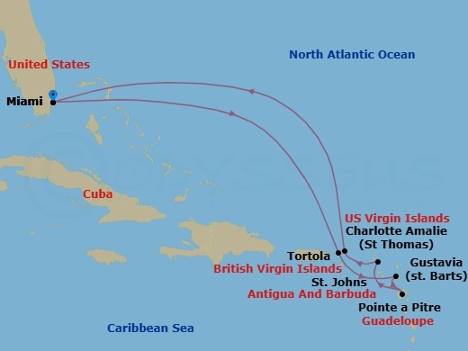 10 Night - Sunset the Year - Seven Seas Prestige - Starting in Miami, Cruising Bahamian Waters, Cruising the Atlantic Ocean, Charlotte Amalie, St Johns, Pointe-a-Pitre, Gustavia, Tortola, Cruising the Atlantic Ocean, Cruising Bahamian Waters, Miami itinerary map