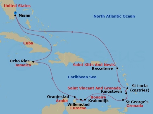 14 Night - The Spicewind Trail - Seven Seas Prestige - Starting in Miami, Cruising the Bahamian Waters, Ocho Rios, Jamaica, Cruising the Caribbean Sea, Oranjestad, Willemstad AN, Bonaire (Kralendijk), Cruising the Caribbean Sea, St Georges, Kingstown, Castries, Basseterre, Cruising the Atlantic Ocean, Cruising Bahamian Waters, Miami itinerary map