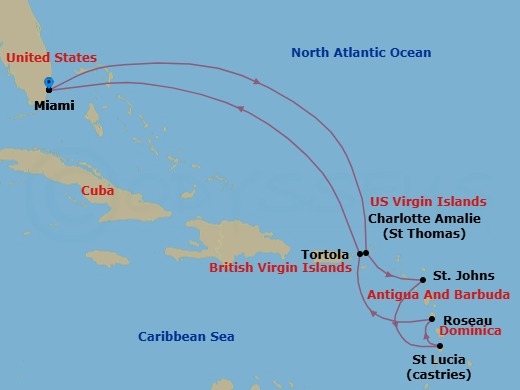 10 Night - Bays & Breezes - Seven Seas Prestige - Starting in Miami, Cruising Bahamian Waters, Cruising the Atlantic Ocean, Tortola, St Johns, Castries, Roseau, Charlotte Amalie, Cruising the Atlantic Ocean, Cruising Bahamian Waters, Miami itinerary map