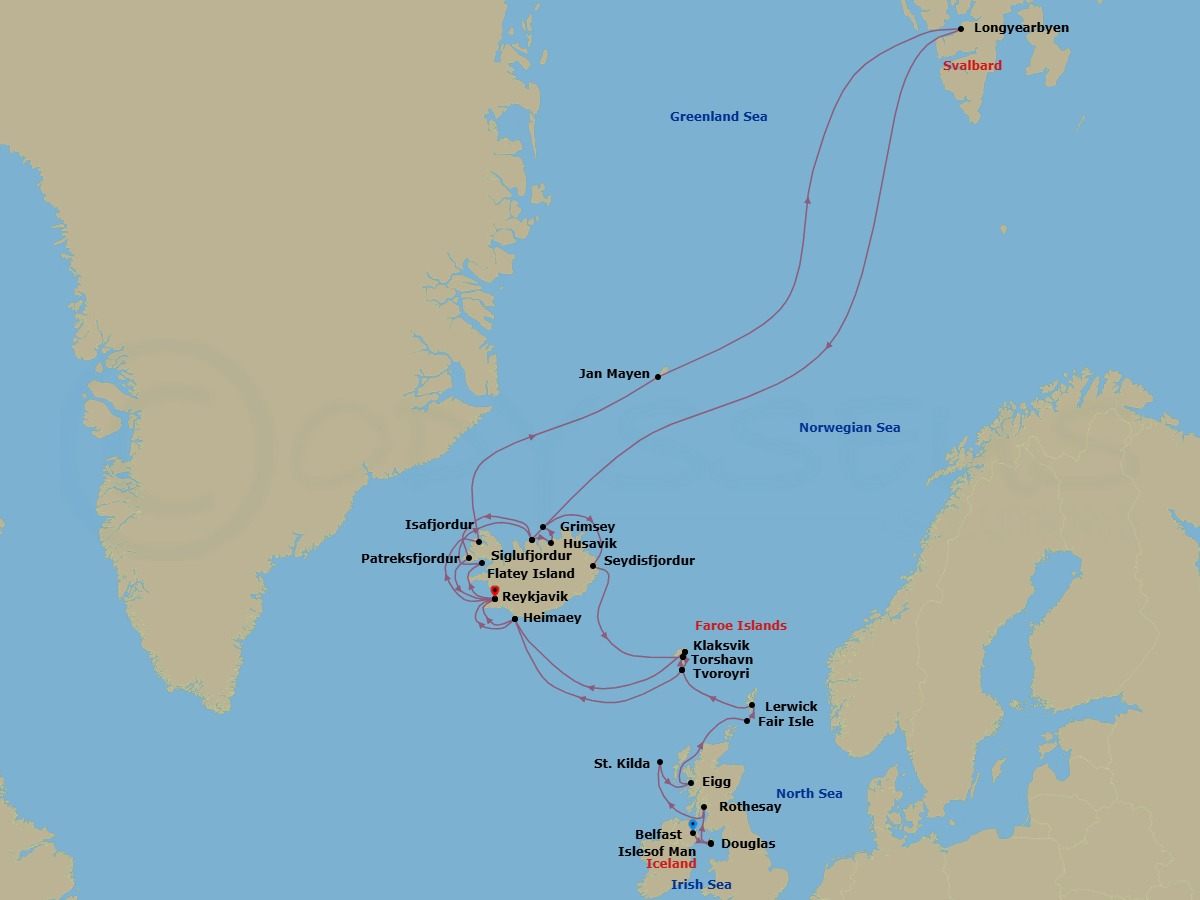 40 Night - Wild Scottish Isles, Svalbard & Iceland - Seabourn Pursuit - Starting in Belfast, Northern Ireland, United Kingdom, Calf of Man, Isle of Man, Douglas, Isle of Man, Rothesay, Isle of Bute, Scotland, United Kingdom, Scenic cruising Isles of St Kilda, Am Baile, St Kilda, Scotland, United Kingdom, Isle of Eigg, Scotland, UK, Fair Isle, Shetland Islands, Scotland, UK, Lerwick, Shetland Islands, United Kingdom, Isle of Noss, Shetland Islands, Scotland, United Kingdom, Tvoroyri, Faroe Islands, Torshavn, Faroe Islands, Klaksvik, Faroe Islands, Outer Islands of Heimaey, Heimaey, Westman Islands, Iceland, Reykjavik, Iceland, Isafjordur, Iceland, Jan Mayen Island, Norway, Longyearbyen, Norway, Svalbard, Siglufjordur, Iceland, Patreksfjordur, Iceland, Reykjavik, Iceland, Flatey, Iceland, Siglufjordur, Iceland, Husavik, Iceland, Grimsey, Iceland, Seydisfjordur, Iceland, Torshavn, Faroe Islands, Klaksvik, Faroe Islands, Tvoroyri, Faroe Islands, Outer Islands of Heimaey, Heimaey, Westman Islands, Iceland, Reykjavik, Iceland itinerary map