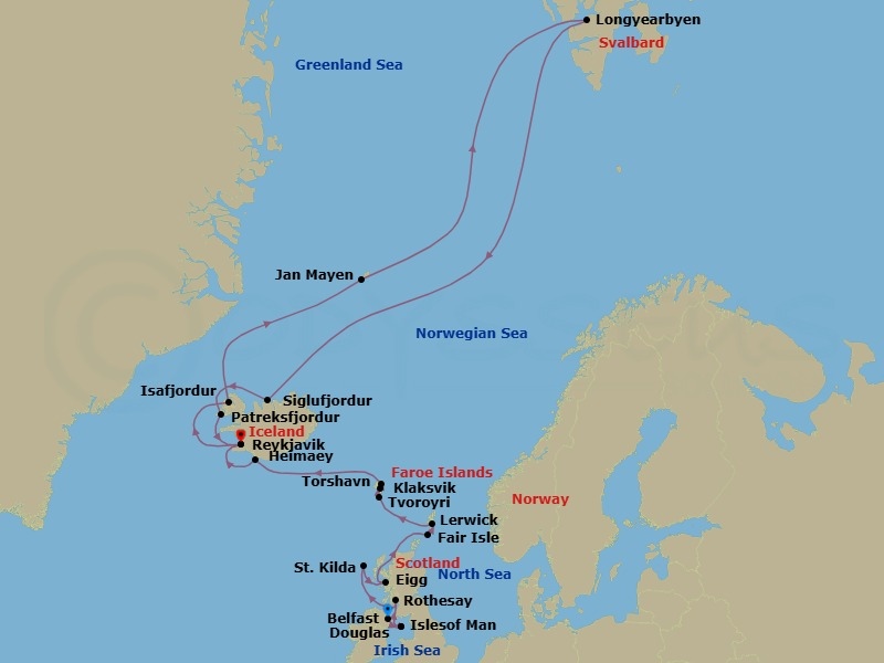 28 Night - Wild Scottish Isles, Iceland & Svalbard Expedition - Seabourn Pursuit - Starting in Belfast, Northern Ireland, United Kingdom, Calf of Man, Isle of Man, Douglas, Isle of Man, Rothesay, Isle of Bute, Scotland, United Kingdom, Scenic cruising Isles of St Kilda, Am Baile, St Kilda, Scotland, United Kingdom, Isle of Eigg, Scotland, UK, Fair Isle, Shetland Islands, Scotland, UK, Lerwick, Shetland Islands, United Kingdom, Isle of Noss, Shetland Islands, Scotland, United Kingdom, Tvoroyri, Faroe Islands, Torshavn, Faroe Islands, Klaksvik, Faroe Islands, Outer Islands of Heimaey, Heimaey, Westman Islands, Iceland, Reykjavik, Iceland, Isafjordur, Iceland, Jan Mayen Island, Norway, Longyearbyen, Norway, Svalbard, Siglufjordur, Iceland, Patreksfjordur, Iceland, Reykjavik, Iceland itinerary map