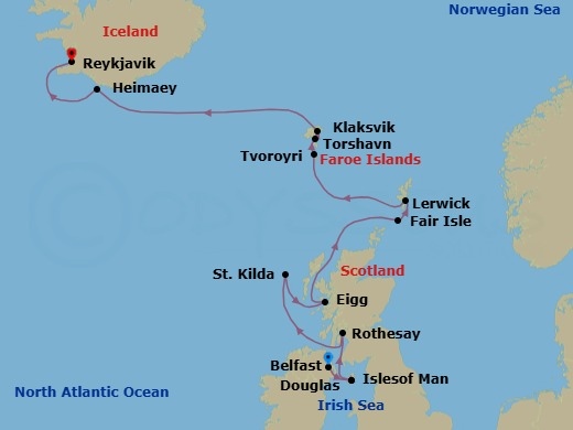 12 Night - Wild Scottish Isles, Faroe Islands & Icelandic Isles - Seabourn Pursuit - Starting in Belfast, Northern Ireland, United Kingdom, Calf of Man, Isle of Man, Douglas, Isle of Man, Rothesay, Isle of Bute, Scotland, United Kingdom, Scenic cruising Isles of St Kilda, Am Baile, St Kilda, Scotland, United Kingdom, Isle of Eigg, Scotland, UK, Fair Isle, Shetland Islands, Scotland, UK, Lerwick, Shetland Islands, United Kingdom, Isle of Noss, Shetland Islands, Scotland, United Kingdom, Tvoroyri, Faroe Islands, Torshavn, Faroe Islands, Klaksvik, Faroe Islands, Outer Islands of Heimaey, Heimaey, Westman Islands, Iceland, Reykjavik, Iceland itinerary map