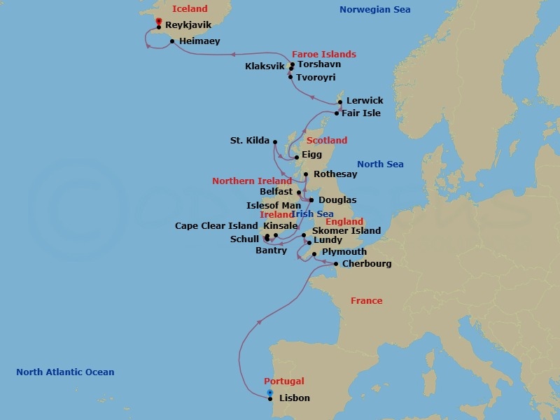 24 Night - Wild Islands of the United Kingdom & Iceland - Seabourn Pursuit - Starting in Lisbon, Portugal, Cherbourg (Normandy), France, Plymouth, England, United Kingdom, Lundy Island, United Kingdom, Skomer Island, Wales, United Kingdom, Bantry, Ireland, Schull, Ireland, Cape Clear Island, Ireland, Kinsale, Ireland, Calf of Man, Isle of Man, Belfast, Northern Ireland, United Kingdom, Calf of Man, Isle of Man, Douglas, Isle of Man, Rothesay, Isle of Bute, Scotland, United Kingdom, Scenic cruising Isles of St Kilda, Am Baile, St Kilda, Scotland, United Kingdom, Isle of Eigg, Scotland, UK, Fair Isle, Shetland Islands, Scotland, UK, Lerwick, Shetland Islands, United Kingdom, Isle of Noss, Shetland Islands, Scotland, United Kingdom, Tvoroyri, Faroe Islands, Torshavn, Faroe Islands, Klaksvik, Faroe Islands, Outer Islands of Heimaey, Heimaey, Westman Islands, Iceland, Reykjavik, Iceland itinerary map