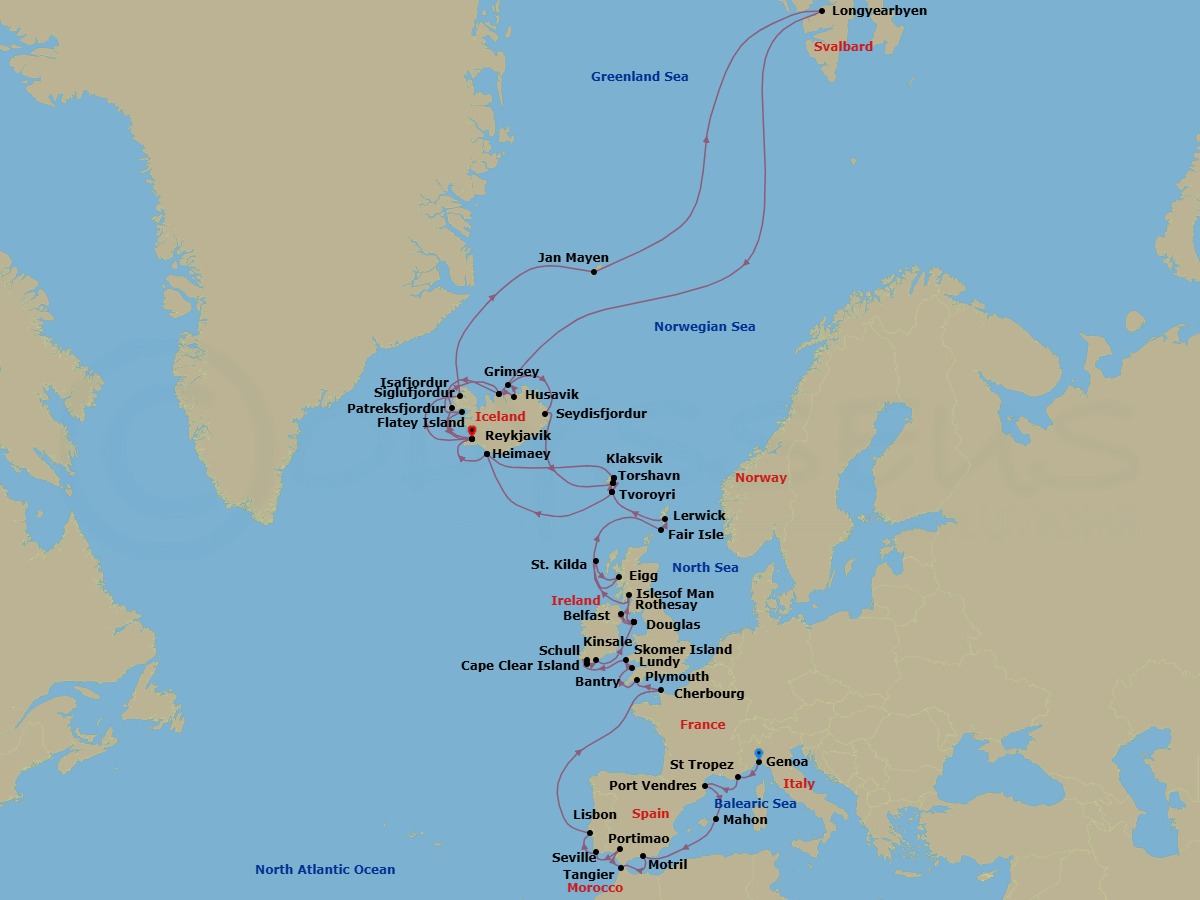 62 Night - Summertime in the Riviera, North Atlantic & Svalbard - Seabourn Pursuit - Starting in Genoa, Italy, St Tropez, France, Port-Vendres, France, Mahon, Menorca, Spain, Motril (Granada), Spain, Tangier, Morocco, Seville, Spain, Portimao, Portugal, Lisbon, Portugal, Cherbourg (Normandy), France, Plymouth, England, United Kingdom, Lundy Island, United Kingdom, Skomer Island, Wales, United Kingdom, Bantry, Ireland, Schull, Ireland, Cape Clear Island, Ireland, Kinsale, Ireland, Calf of Man, Isle of Man, Belfast, Northern Ireland, United Kingdom, Calf of Man, Isle of Man, Douglas, Isle of Man, Rothesay, Isle of Bute, Scotland, United Kingdom, Scenic cruising Isles of St Kilda, Am Baile, St Kilda, Scotland, United Kingdom, Isle of Eigg, Scotland, UK, Fair Isle, Shetland Islands, Scotland, UK, Lerwick, Shetland Islands, United Kingdom, Isle of Noss, Shetland Islands, Scotland, United Kingdom, Tvoroyri, Faroe Islands, Torshavn, Faroe Islands, Klaksvik, Faroe Islands, Outer Islands of Heimaey, Heimaey, Westman Islands, Iceland, Reykjavik, Iceland, Isafjordur, Iceland, Jan Mayen Island, Norway, Longyearbyen, Norway, Svalbard, Siglufjordur, Iceland, Patreksfjordur, Iceland, Reykjavik, Iceland, Flatey, Iceland, Siglufjordur, Iceland, Husavik, Iceland, Grimsey, Iceland, Seydisfjordur, Iceland, Torshavn, Faroe Islands, Klaksvik, Faroe Islands, Tvoroyri, Faroe Islands, Outer Islands of Heimaey, Heimaey, Westman Islands, Iceland, Reykjavik, Iceland itinerary map