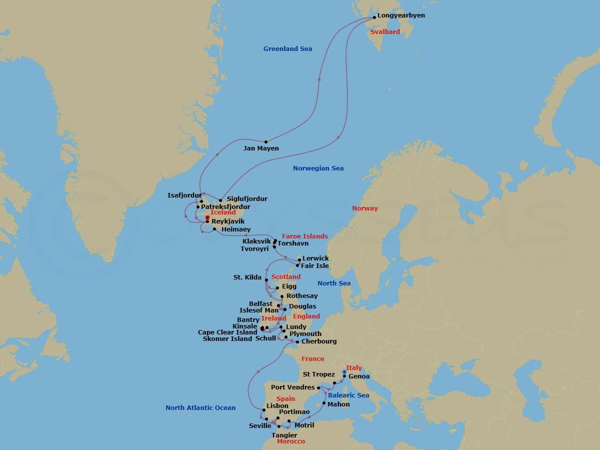 50 Night - from the Iconic Riviera to Remote Svalbard Shores - Seabourn Pursuit - Starting in Genoa, Italy, St Tropez, France, Port-Vendres, France, Mahon, Menorca, Spain, Motril (Granada), Spain, Tangier, Morocco, Seville, Spain, Portimao, Portugal, Lisbon, Portugal, Cherbourg (Normandy), France, Plymouth, England, United Kingdom, Lundy Island, United Kingdom, Skomer Island, Wales, United Kingdom, Bantry, Ireland, Schull, Ireland, Cape Clear Island, Ireland, Kinsale, Ireland, Calf of Man, Isle of Man, Belfast, Northern Ireland, United Kingdom, Calf of Man, Isle of Man, Douglas, Isle of Man, Rothesay, Isle of Bute, Scotland, United Kingdom, Scenic cruising Isles of St Kilda, Am Baile, St Kilda, Scotland, United Kingdom, Isle of Eigg, Scotland, UK, Fair Isle, Shetland Islands, Scotland, UK, Lerwick, Shetland Islands, United Kingdom, Isle of Noss, Shetland Islands, Scotland, United Kingdom, Tvoroyri, Faroe Islands, Torshavn, Faroe Islands, Klaksvik, Faroe Islands, Outer Islands of Heimaey, Heimaey, Westman Islands, Iceland, Reykjavik, Iceland, Isafjordur, Iceland, Jan Mayen Island, Norway, Longyearbyen, Norway, Svalbard, Siglufjordur, Iceland, Patreksfjordur, Iceland, Reykjavik, Iceland itinerary map