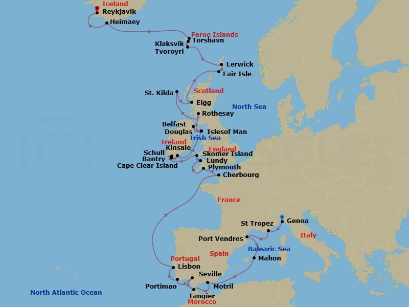 34 Night - Riviera Icons, Isles of the United Kingdom & Iceland - Seabourn Pursuit - Starting in Genoa, Italy, St Tropez, France, Port-Vendres, France, Mahon, Menorca, Spain, Motril (Granada), Spain, Tangier, Morocco, Seville, Spain, Portimao, Portugal, Lisbon, Portugal, Cherbourg (Normandy), France, Plymouth, England, United Kingdom, Lundy Island, United Kingdom, Skomer Island, Wales, United Kingdom, Bantry, Ireland, Schull, Ireland, Cape Clear Island, Ireland, Kinsale, Ireland, Calf of Man, Isle of Man, Belfast, Northern Ireland, United Kingdom, Calf of Man, Isle of Man, Douglas, Isle of Man, Rothesay, Isle of Bute, Scotland, United Kingdom, Scenic cruising Isles of St Kilda, Am Baile, St Kilda, Scotland, United Kingdom, Isle of Eigg, Scotland, UK, Fair Isle, Shetland Islands, Scotland, UK, Lerwick, Shetland Islands, United Kingdom, Isle of Noss, Shetland Islands, Scotland, United Kingdom, Tvoroyri, Faroe Islands, Torshavn, Faroe Islands, Klaksvik, Faroe Islands, Outer Islands of Heimaey, Heimaey, Westman Islands, Iceland, Reykjavik, Iceland itinerary map