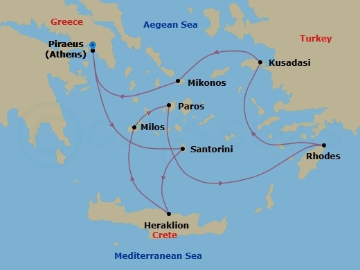 9 Night - Athens to Athens - Silver Nova - Starting in Athens (Piraeus), Santorini, Heraklion, Milos, Paros, Rhodes, Kusadasi, Mykonos, Athens (Piraeus) itinerary map
