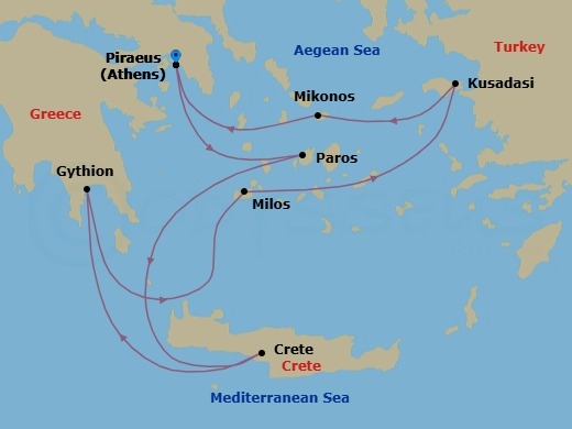 7 Night - Athens to Athens - Silver Nova - Starting in Athens (Piraeus), Paros, Souda Bay (Crete), Gythion, Milos, Kusadasi, Mykonos, Athens (Piraeus) itinerary map