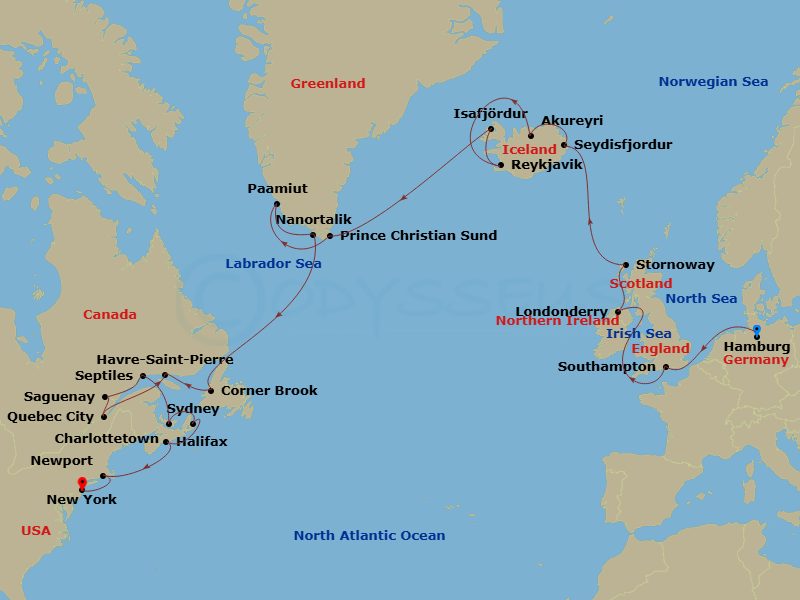 30 Night - A Grand Journey of Stunning Boreal Scenery & Northern Cultural Heritage - EXPLORA III - Starting in Hamburg, Southampton, Greencastle (County Donegal), Stornoway (Isle of Lewis), Seydisfjordur, Akureyri, Reykjavik, Isafjordur, Sailing Prince Christian Sund, Paamiut, Nanortalik, Corner Brook, Havre-Saint-Pierre, Quebec City, La Baie (Saguenay), Sept-Iles, Charlottetown, Prince Edward Island, Sydney CA, Halifax, Newport, New York City itinerary map