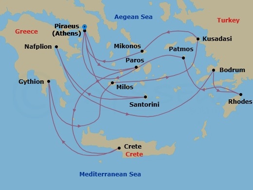 14 Night - Southern Europe Roundtrip from Athens - Silver Nova - Starting in Athens, Paros, Souda Bay, Gythion, Milos, Kusadasi, Mykonos, Athens, Santorini, Nafplion, Bodrum, Rhodes, Patmos, Athens itinerary map