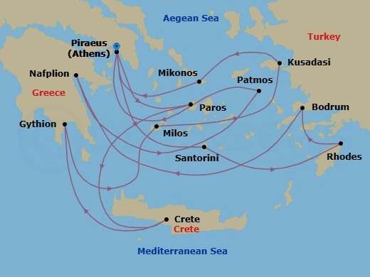 14 Night - Southern Europe Roundtrip from Athens - Silver Nova - Starting in Athens, Paros, Souda Bay, Gythion, Milos, Kusadasi, Mykonos, Athens, Santorini, Rhodes, Bodrum, Nafplion, Patmos, Athens itinerary map