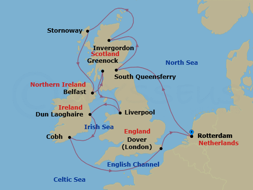14 Night - Wild British Isles : Belfast Evening Stay - Nieuw Statendam - Starting in Rotterdam, the Netherlands, South Queensferry (Edinburgh), Scotland, United Kingdom, Invergordon (Inverness), Scotland, United Kingdom, Stornoway, Isle of Lewis, Scotland, United Kingdom, Belfast, Northern Ireland, United Kingdom, Greenock (Glasgow), Scotland, United Kingdom, Liverpool, England, United Kingdom, Dun Laoghaire (Dublin), Ireland, Cobh (Cork), Ireland, Dover UK (London), England, Rotterdam, the Netherlands itinerary map