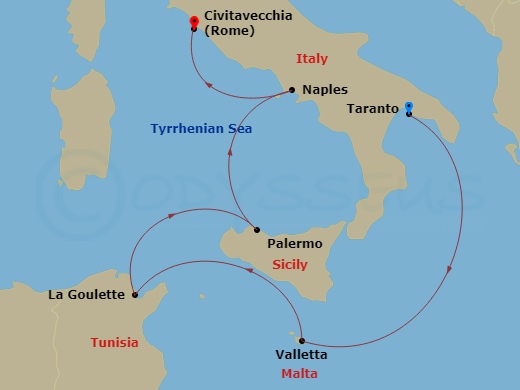 5 Night - Western Mediterranean from Taranto - Costa Fascinosa - Starting in Taranto, Malta / La Valletta, La Goulette (Tunis), Palermo, Naples, Civitavecchia (Rome) itinerary map